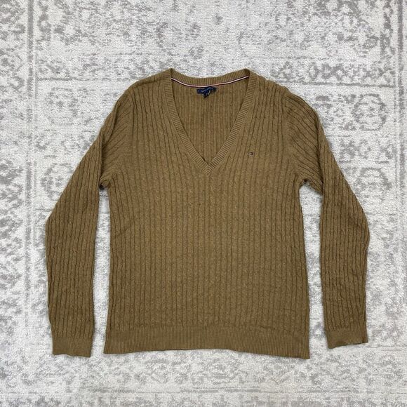 Tommy Hilfiger Cable Knit V Neck Pullover Sweater Womens Brown Cotton Size Large - Picture 1 of 5